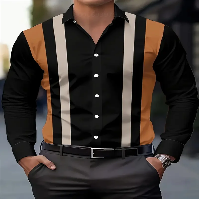 Stripe Printed Men's Long Sleeve Shirt Summer Casual Men's Single Breasted Shirt Beach Pool Party Men's Fashion Shirt
