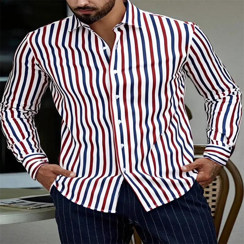 Stripe Printed Men's Long Sleeve Shirt Summer Casual Men's Single Breasted Shirt Beach Pool Party Men's Fashion Shirt