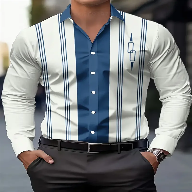 Stripe Printed Men's Long Sleeve Shirt Summer Casual Men's Single Breasted Shirt Beach Pool Party Men's Fashion Shirt