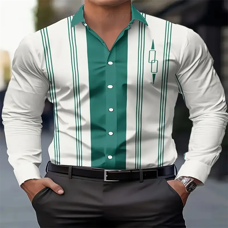 Stripe Printed Men's Long Sleeve Shirt Summer Casual Men's Single Breasted Shirt Beach Pool Party Men's Fashion Shirt