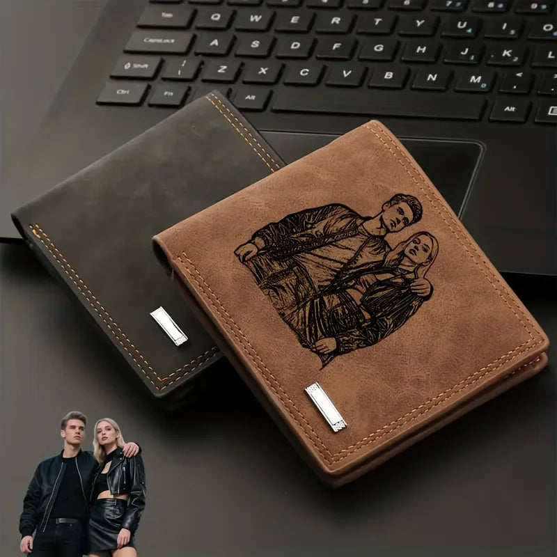Custom Photo Wallet for Men, Personalized Picture & Text Engraved Bifold Wallet with Multiple Card Slots & Cash Pocket, Vintage