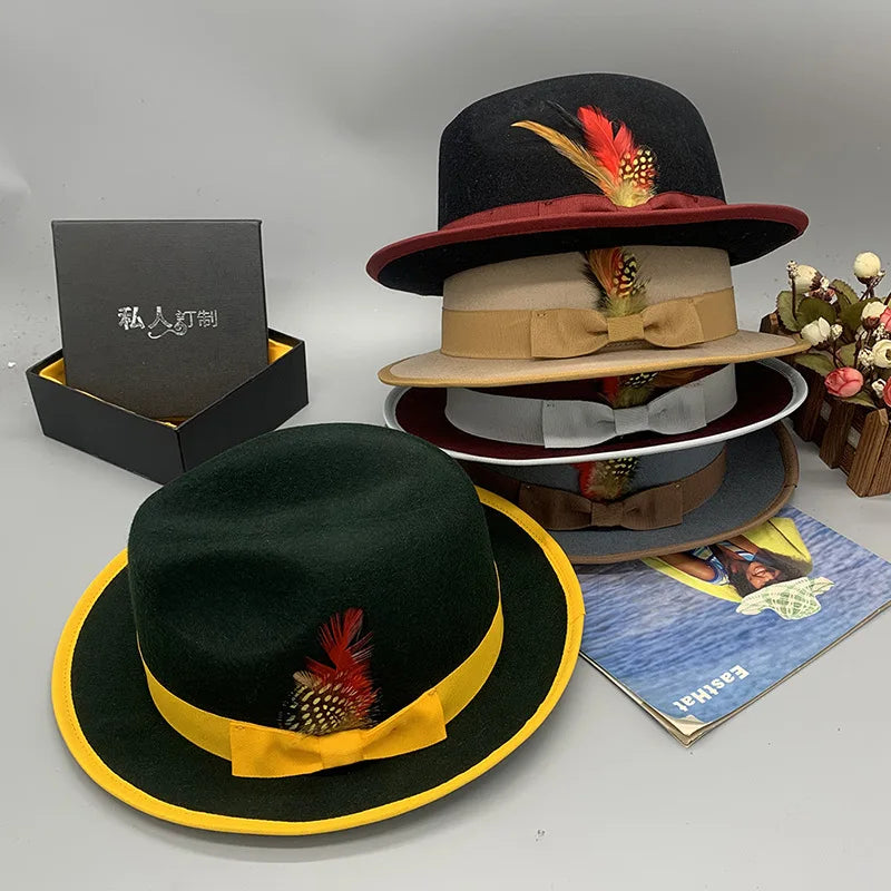 men hats feather men fedoras lady woolen felt church hat unisex  bowknot  jazz hat for men and women