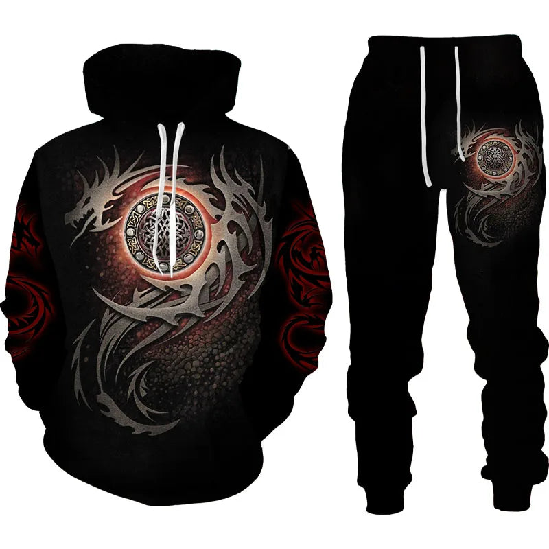 Popular Dragon 3D Printed Men's Sweatshirt Hoodies Set Animal Tracksuit Pullover Jacket Pants Sportswear Autumn jogging Set﻿﻿