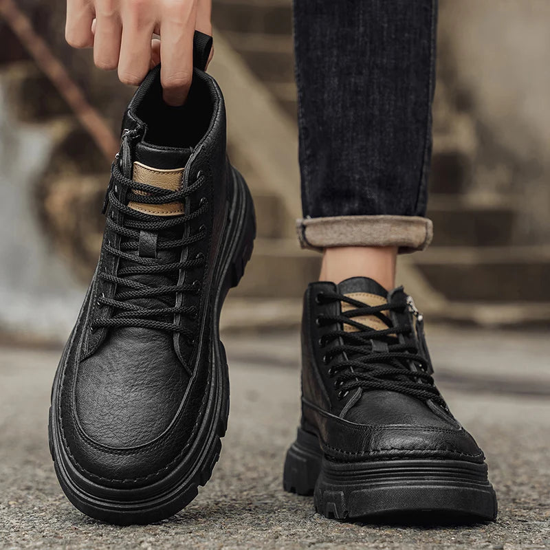 Men Boots Autumn Leather Waterproof Mid-top Sports Shoes New Fashion Ankle Boots Casual Outdoor Hiking Boots Shoes Male Sneakers