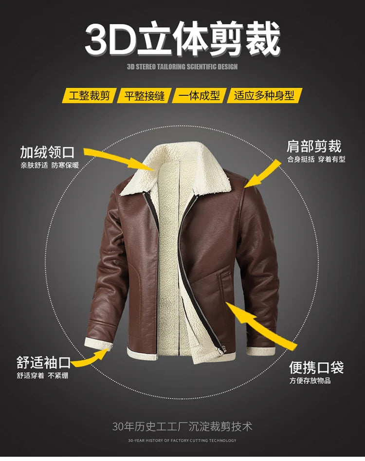 Men Autumn Oversized Leather Jacket Winter Men's Standing Collar with Plush and Thickened Business Leisure PU Washed Jacket