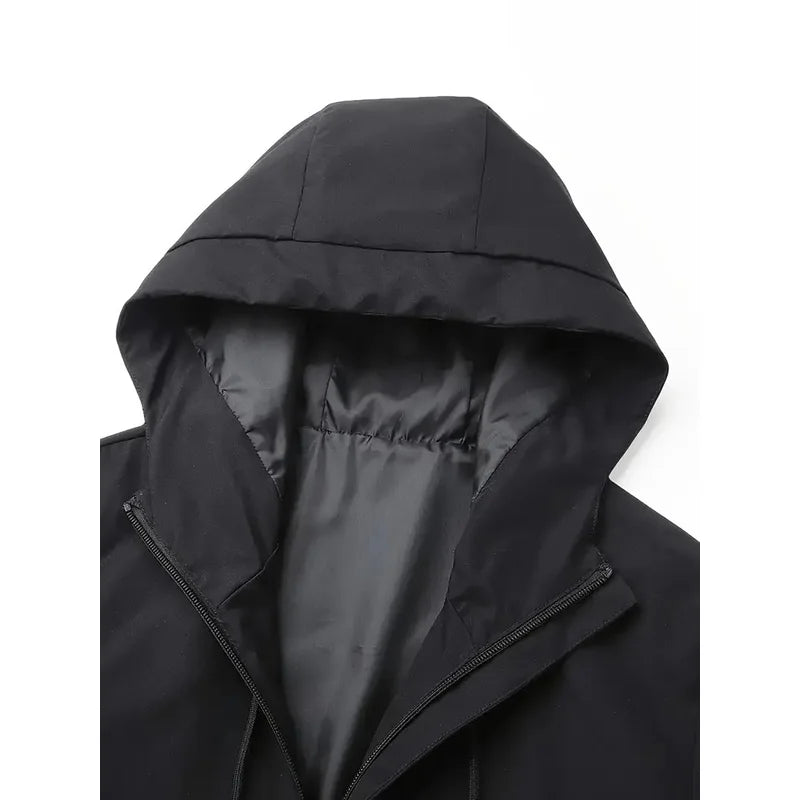 Men's casual hooded jacket, sporty design, featuring brand patterns on the back, suitable for daily wear and outdoor activities.