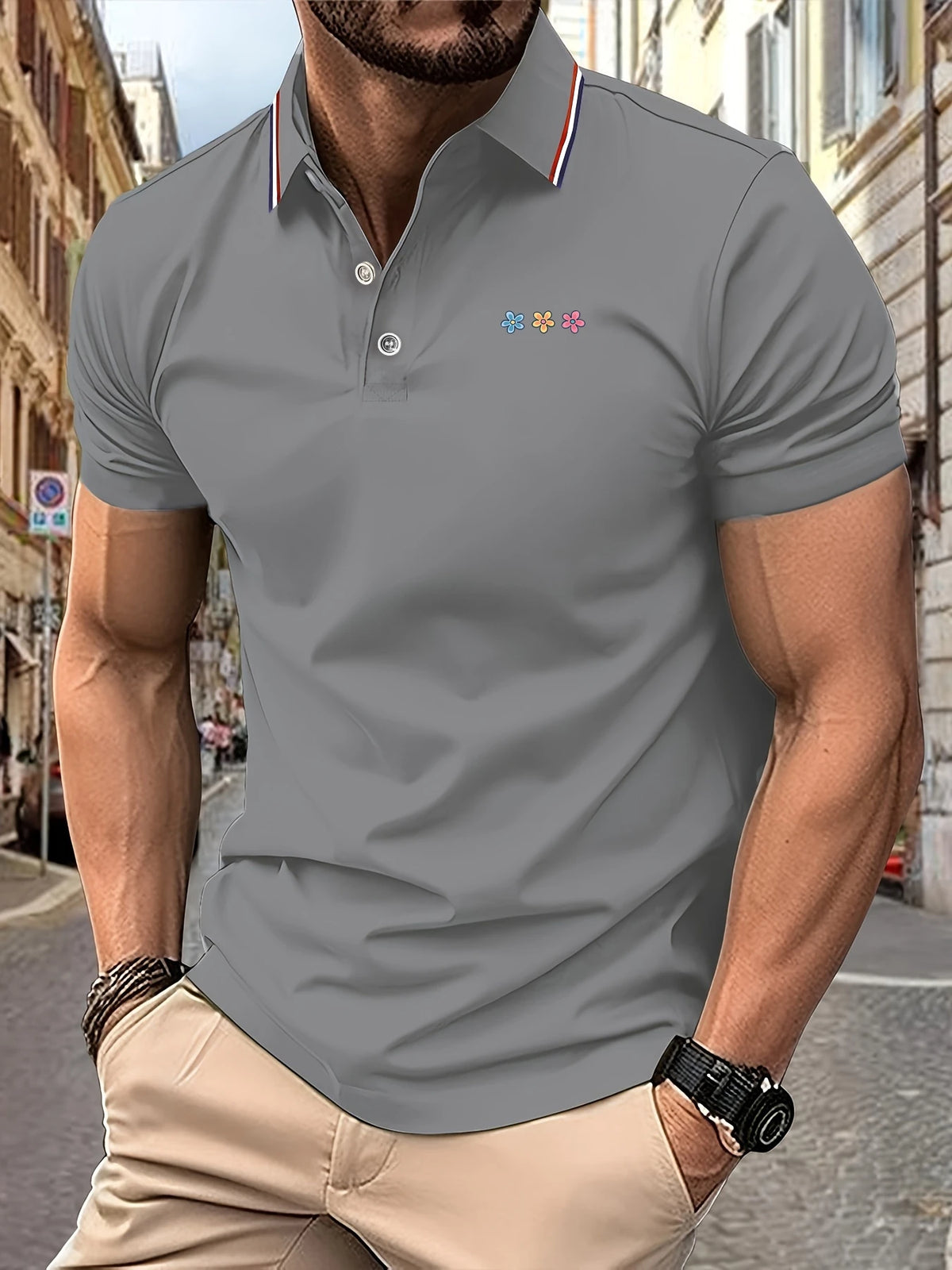 Men's Golf Polo Shirts Tricolor Flower Graphic Print Striped Collar Decor Short Sleeve Breathable Casual Daily Cool T-shirt