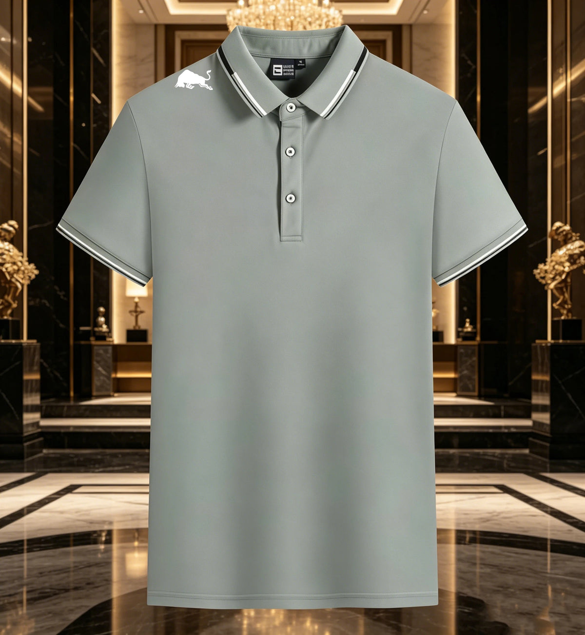 Men Black Polo Shirts Red White Striped Collar Cuff With Shoulder Bull Print Breathable Golf Tops