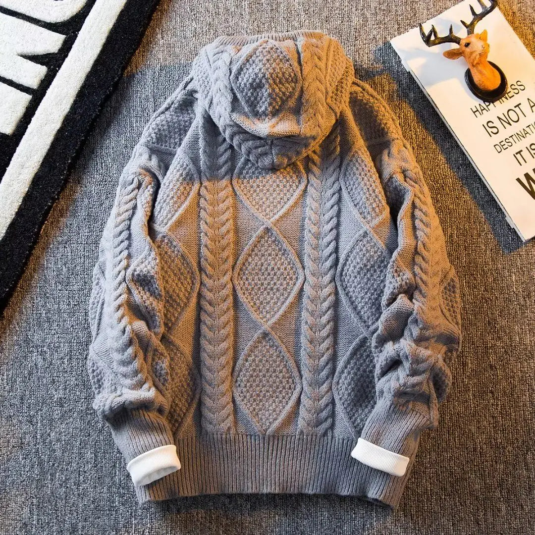 Men's New England Style Hooded Streetwear Zipper Cardigan Autumn Winter Knitted Thick Sweater