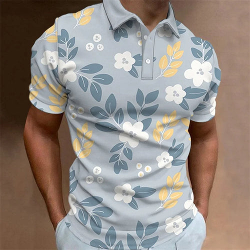 Men's Polo Shirt Summer Casual Short Sleeve Flower Print Buttons Polo Shirts Tops Fashion Pullover Tshirts Male Golf Wear