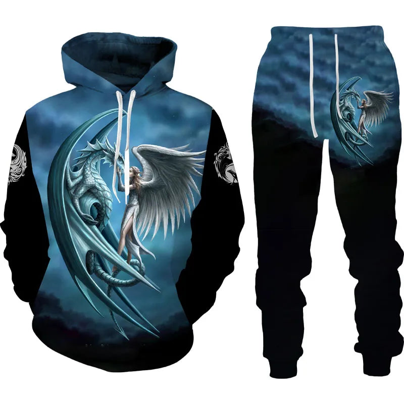 Popular Dragon 3D Printed Men's Sweatshirt Hoodies Set Animal Tracksuit Pullover Jacket Pants Sportswear Autumn jogging Set﻿﻿
