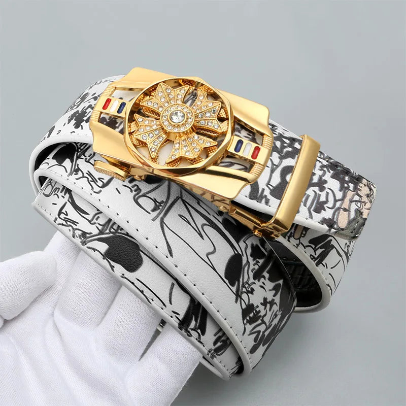 Men's Fashionable Automatic Belt with Rotating Buckle，Graffiti printPUBelt，Luxurious casual belt suitable for jeans and trousers