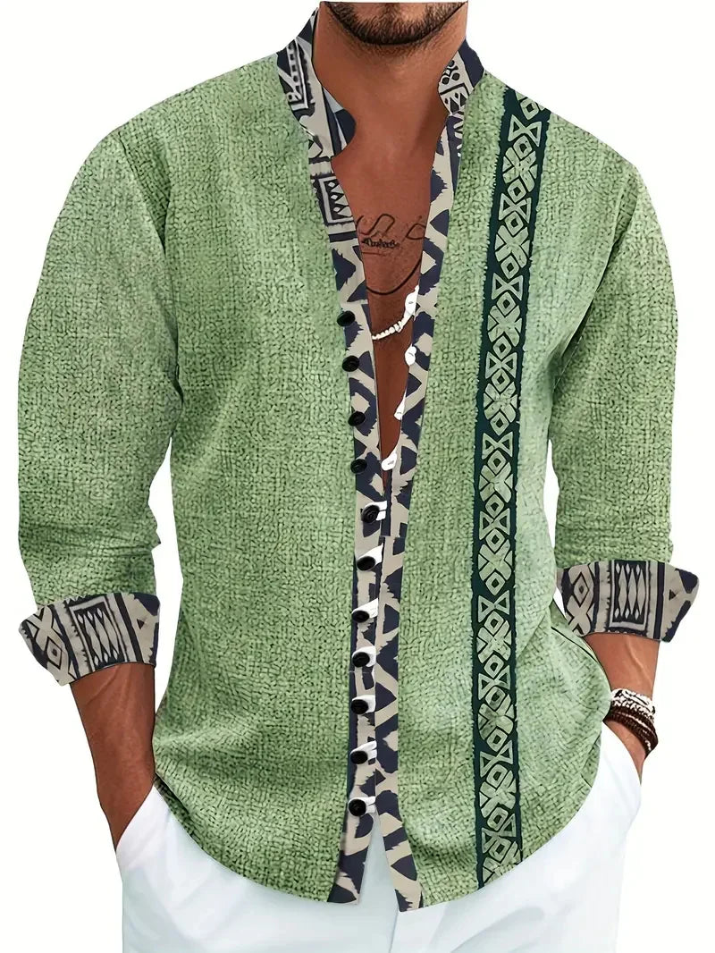 Men's Long Sleeve Lapel Shirt Outdoor Casual Top 3D Geometric Printed Pattern Loose Men's Clothing Top
