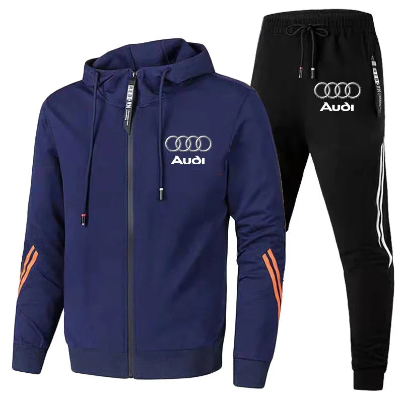 Autumn Winter Mens Audi Car Logo Print Tracksuit Men Zipper Hoodie+Pants 2 Piece Set Casual Gym Fitness Jogging Sportswear Suits