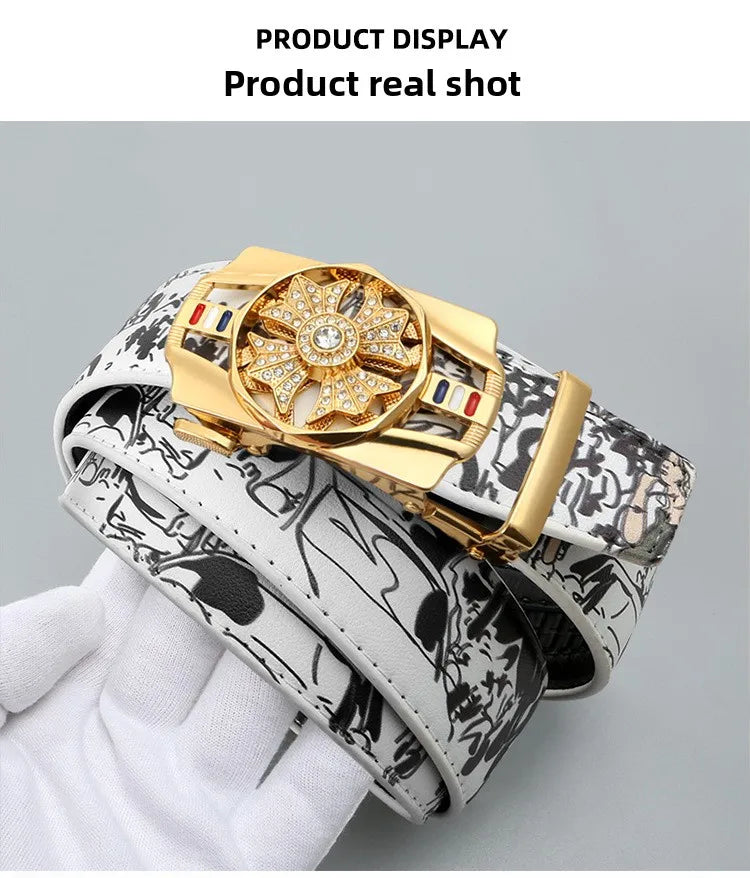Men's Fashionable Automatic Belt with Rotating Buckle，Graffiti printPUBelt，Luxurious casual belt suitable for jeans and trousers