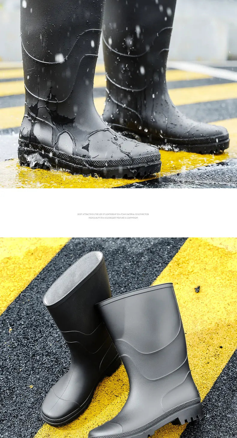 Men's High-Top Rain Boots, Black, Non-Slip, Waterproof, Wear-Resistant, Outdoor Boating, Fishing, Long-Tube Water Shoes, Farm Work Rain Boots
