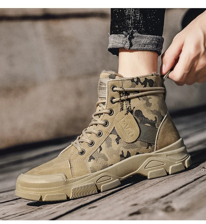 Men's Shoes Camouflage High Top Work Boots New Comfortable Sneakers Men Outdoor Hiking Shoes Men Non-Slip Lace-Up Platform Boots