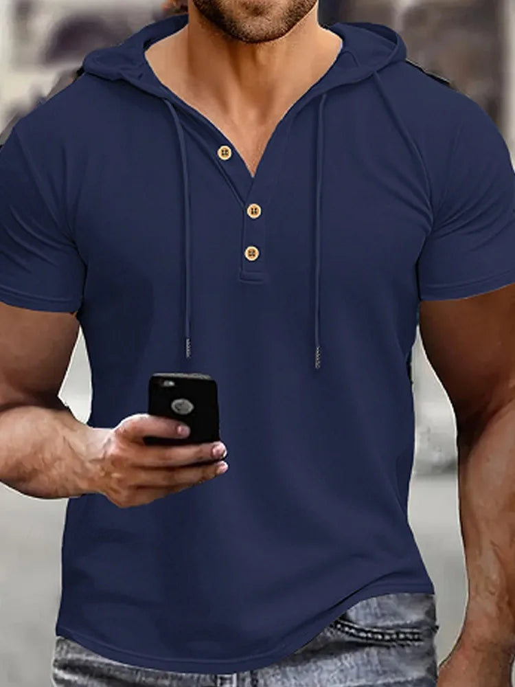 Men's Henry Shirt Solid Color Casual Short Sleeve Hooded Polo Shirts Summer Fashion Breathable T-shirt Streetwear Men Clothing