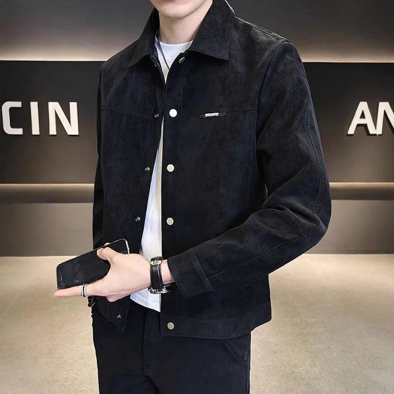 Men Jacket Spring Autumn American Retro Slim Turn Down Collar Long Sleve Male Outerwear Single-breasted Versatile Man Coat