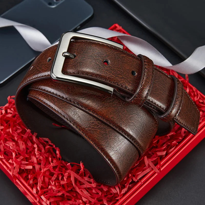 Men's Belt Boys Genuine Leather Belt Pin Buckle Belt Brown Middle-aged Youth Casual Trendy Men's Belt，Ideal for Gifting