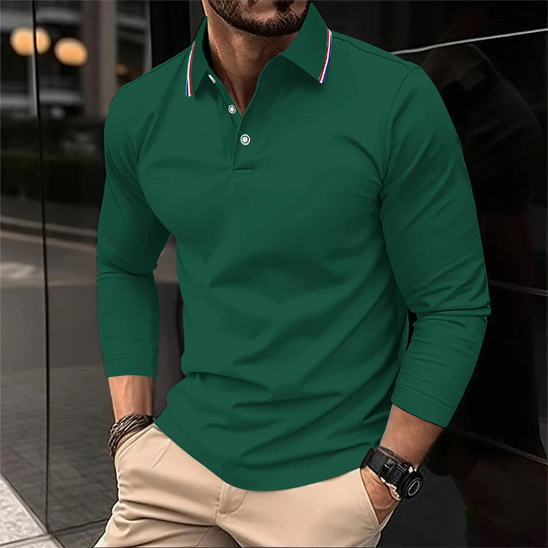 2025 Men's Summer Long Sleeve Lapel Polo Casual Breathable Comfortable Polo Shirt Solid High Quality Male T-Shirt Dropshipping