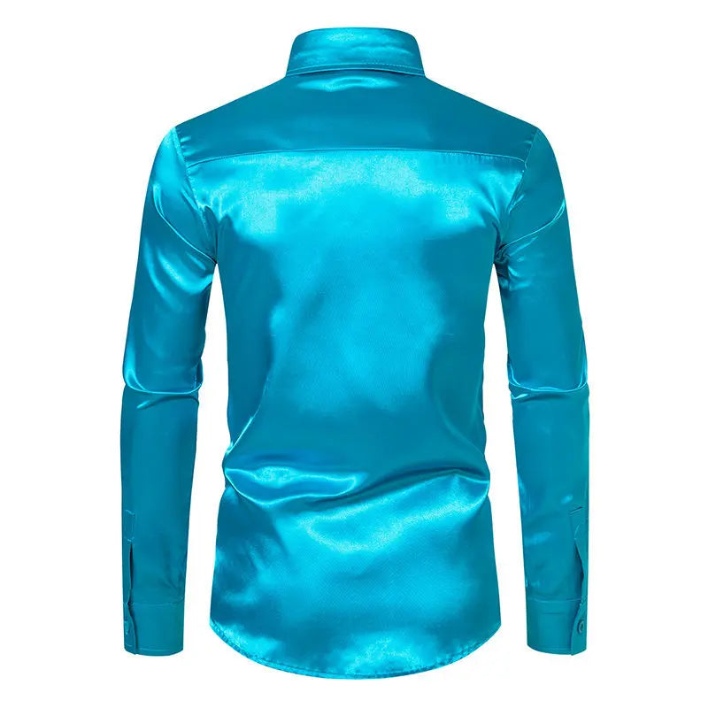 Bright face shirt, men's long sleeved autumn and winter men's clothing, satin nightclub style, solid color trend, men's trend