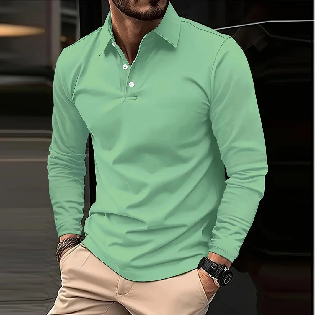 2024 Autumn Men's Polo Shirts Turn-Down Collar Solid Long Sleeve Smart Casual Polos Man Fashion Breathable Loose Tees Tops Men