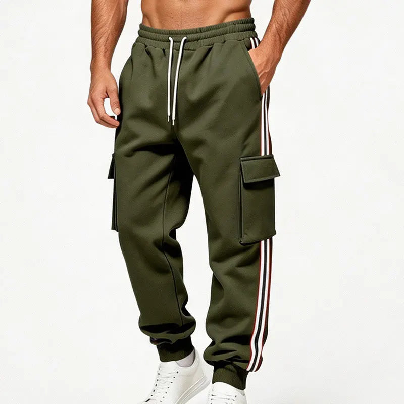 Men Striped Cargo Joggers Multi Pocket Drawstring Elastic Waist Sweatpants Hip Hop Streetwear Loose Fit Sports Casual Pants