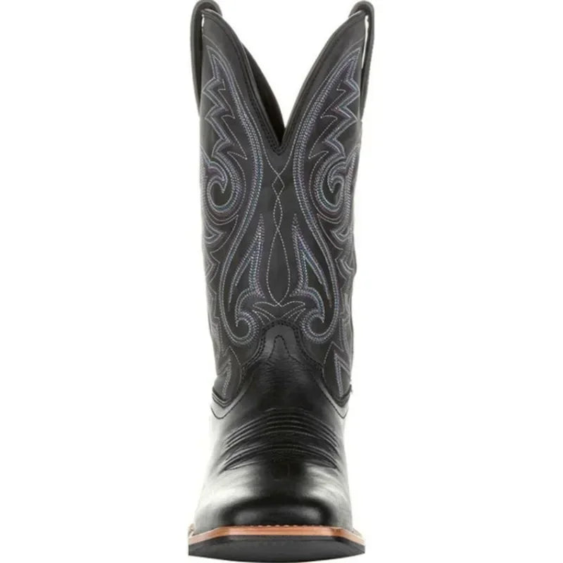 Men Boots Mid Calf Western Cowboy Motorcycle Boots Male Autumn Outdoor PU Leather Totem Med-Calf Boots Retro Designed Men Shoes