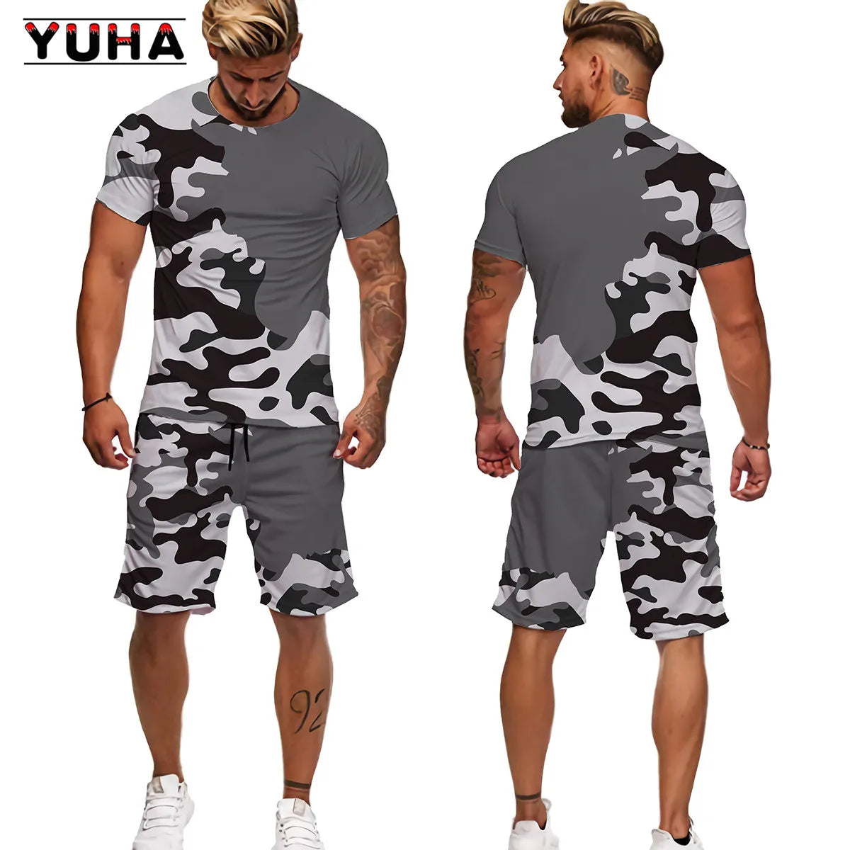 YUHA Summer Camouflage Tees/Shorts/Suits Men's T Shirt Shorts Tracksuit Sport Style Outdoor Camping Hunting Casual Mens Clo