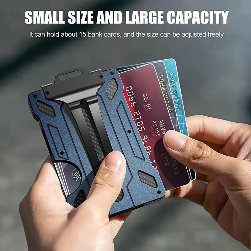 Minimalist Wallet for Men- Slim Aluminum Metal Money Clip Wallet with Clear ID Card Holder, Carbon Fiber Wallet, RFID Blocking
