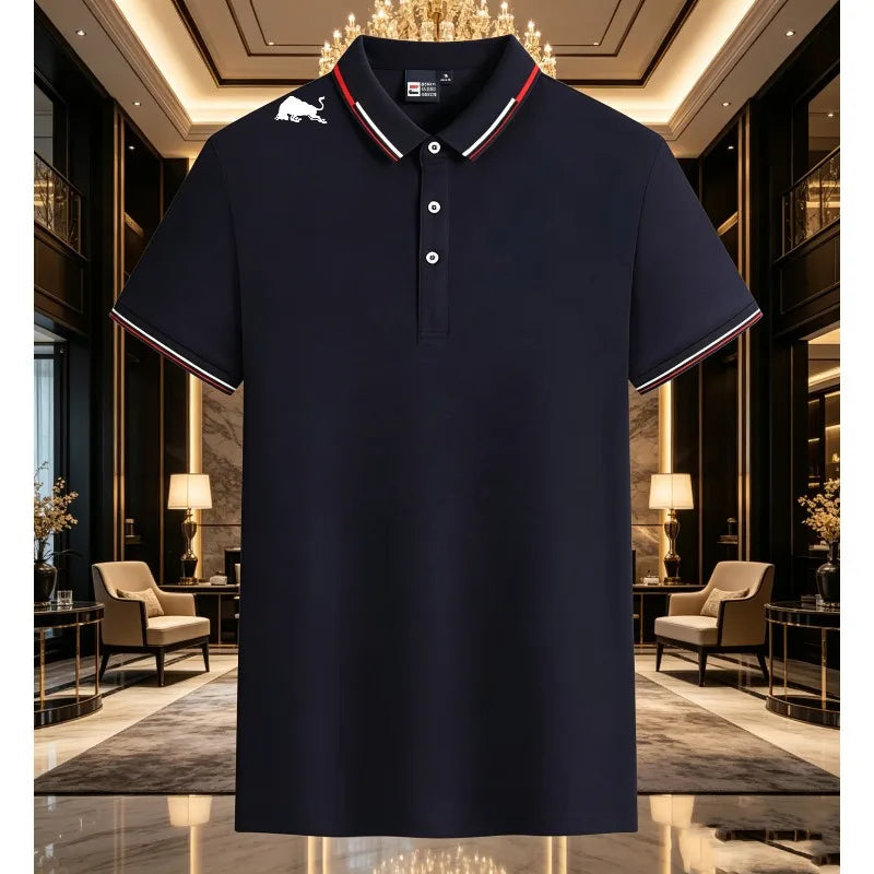 Men Black Polo Shirts Red White Striped Collar Cuff With Shoulder Bull Print Breathable Golf Tops