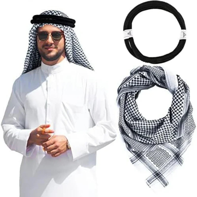 Arab Shemagh Muslim Keffiyeh Head Wrap Tactical Desert Head Neck Scarf Military Shawl Arabic Scarf Headwear with Agal Rope