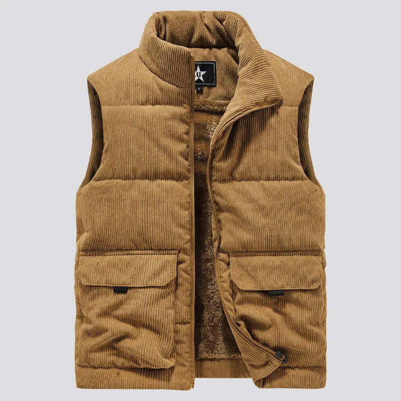 6XL Men's Corduroy Vest Zip Up Fleece Lined Sleeveless Jacket Male Thick Autumn Warm Winter Casual Outside Work Brown Waistcoat