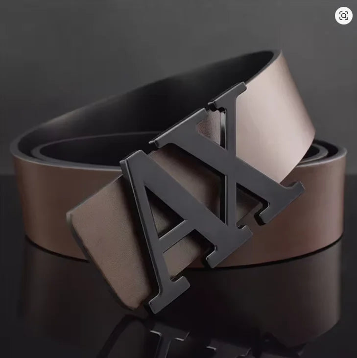Men's  Belt with Silver A - Shape Automatic Buckle, Slim Business Casual Waist Strap for Dress Pants, Black