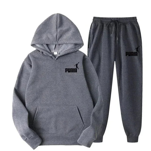 Autumn and winter new men's sportswear set, outdoor cycling windproof and warm men's hooded sweatshirt + pants 2-piece set