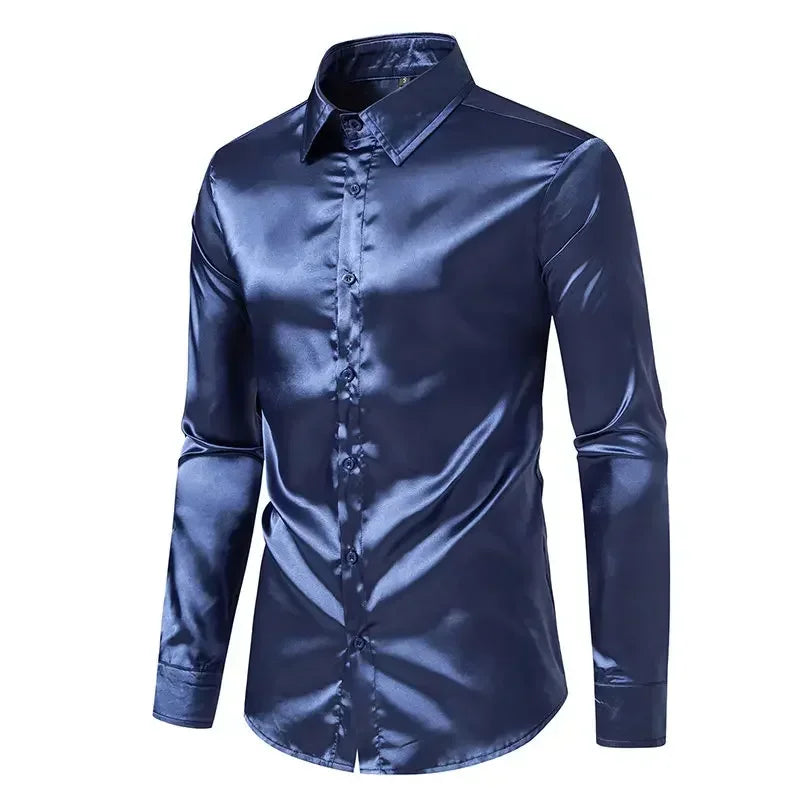 Bright face shirt, men's long sleeved autumn and winter men's clothing, satin nightclub style, solid color trend, men's trend