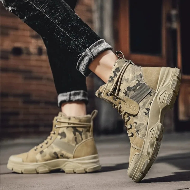 Men's Shoes Camouflage High Top Work Boots New Comfortable Sneakers Men Outdoor Hiking Shoes Men Non-Slip Lace-Up Platform Boots