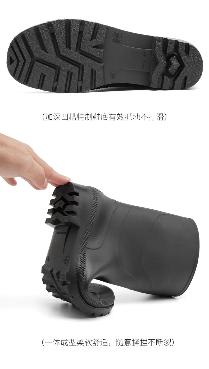 Men's High-Top Rain Boots, Black, Non-Slip, Waterproof, Wear-Resistant, Outdoor Boating, Fishing, Long-Tube Water Shoes, Farm Work Rain Boots