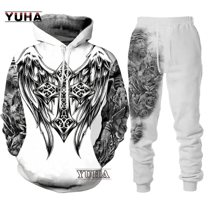 Two Piece Set Christian Bible Faith Jesus God Men's Hoodie/Suit Cool 3D Lion Printed Streetwear Couple Clothes Jogging Tracksuit