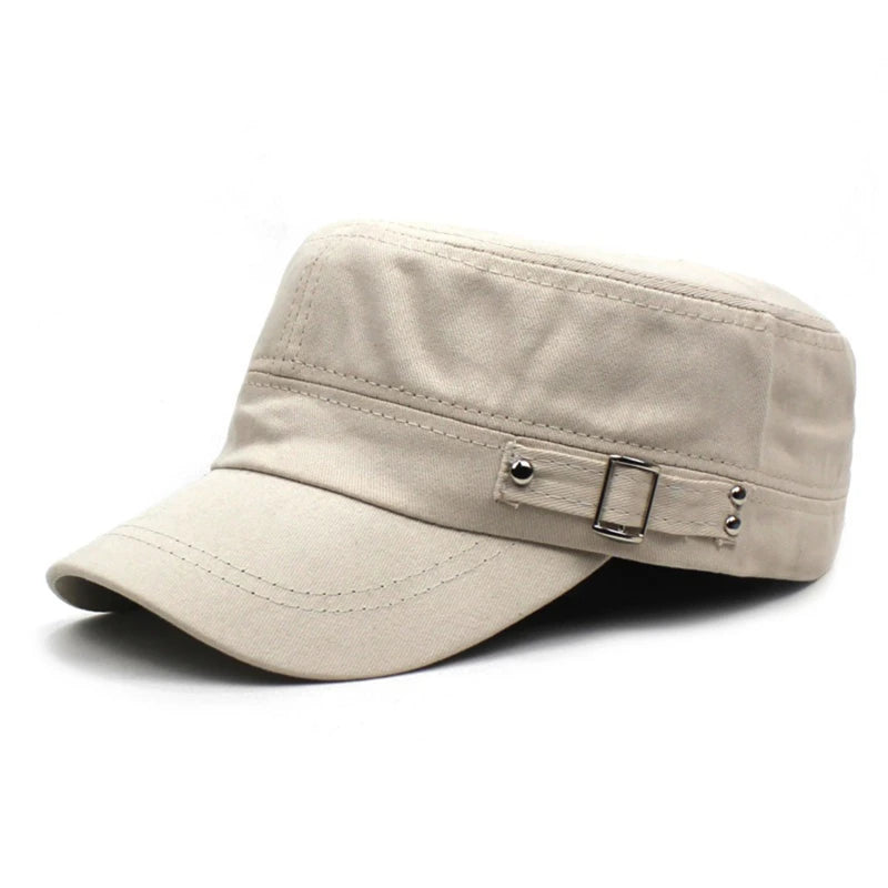 Men's Military Hat Spring/Summer Solid Color Cotton Flat Top Baseball Cap Side Button Duck Tongue Hat Sunscreen Sports Hat