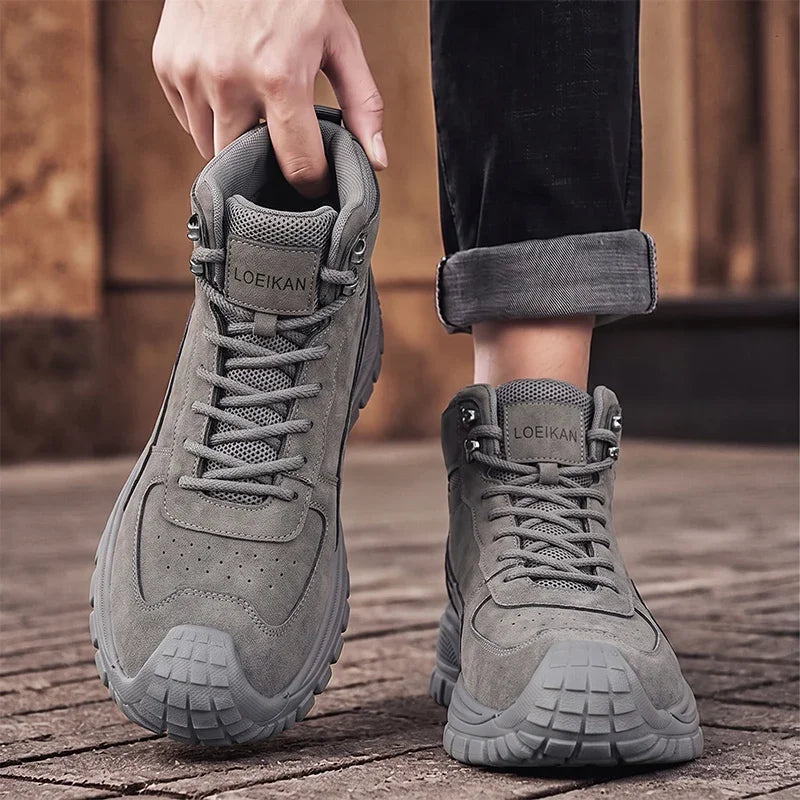Men High Top Ankle Boots Suede Mesh Splicing Shoes Anti‑collision Toe Non‑slip Thick Sole Male Boots for Daily Walking Commute