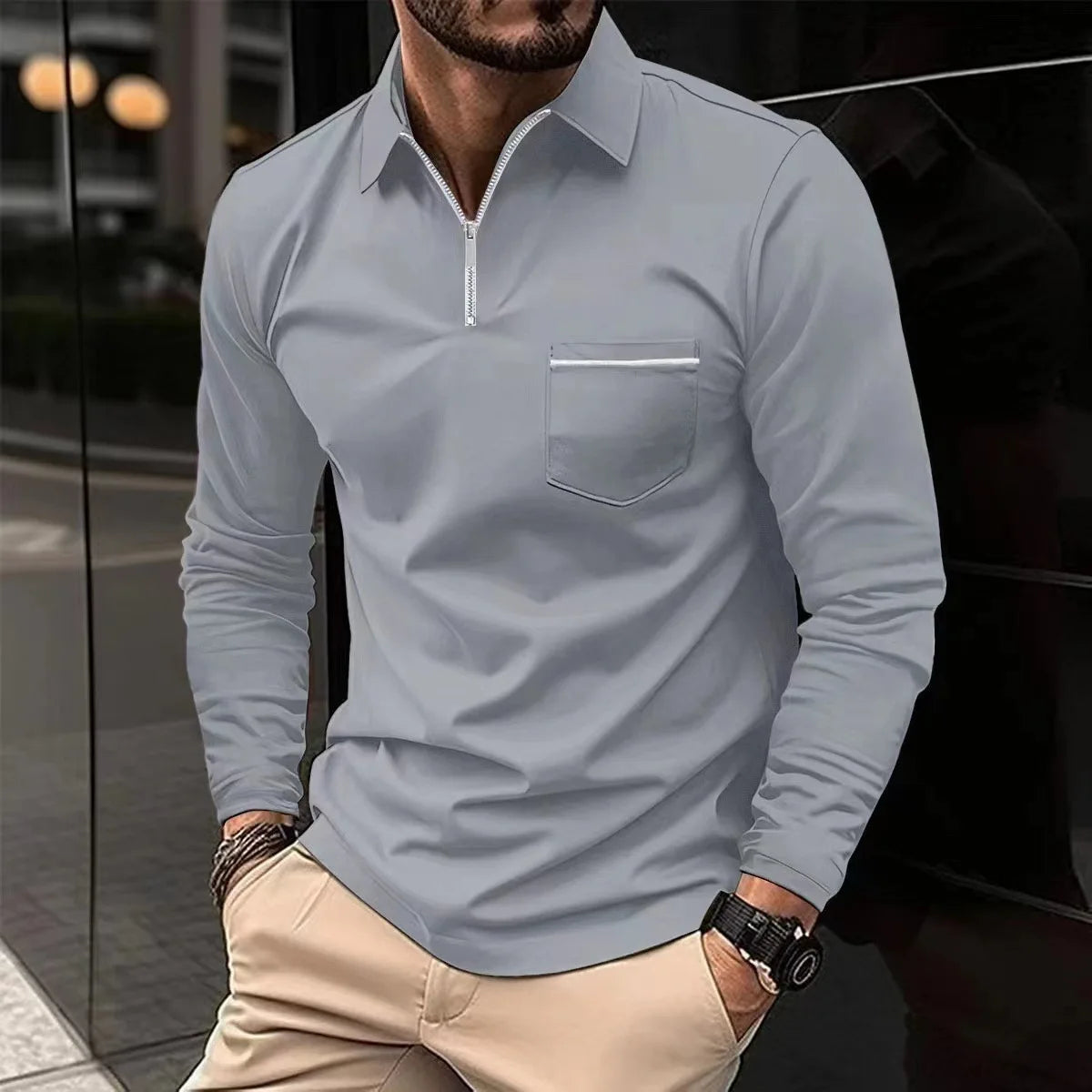 Men Long Sleeve Polo Shirt With Zipper Pocket Lapel Solid Color Casual Sports Tops Spring Autumn European American Male Clothing