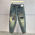 Heavy Duty Washed and Scraped Denim Jeans for Men, Stylish and Stylish, with High-end Embroidered Prints and Loose Tapered Strai