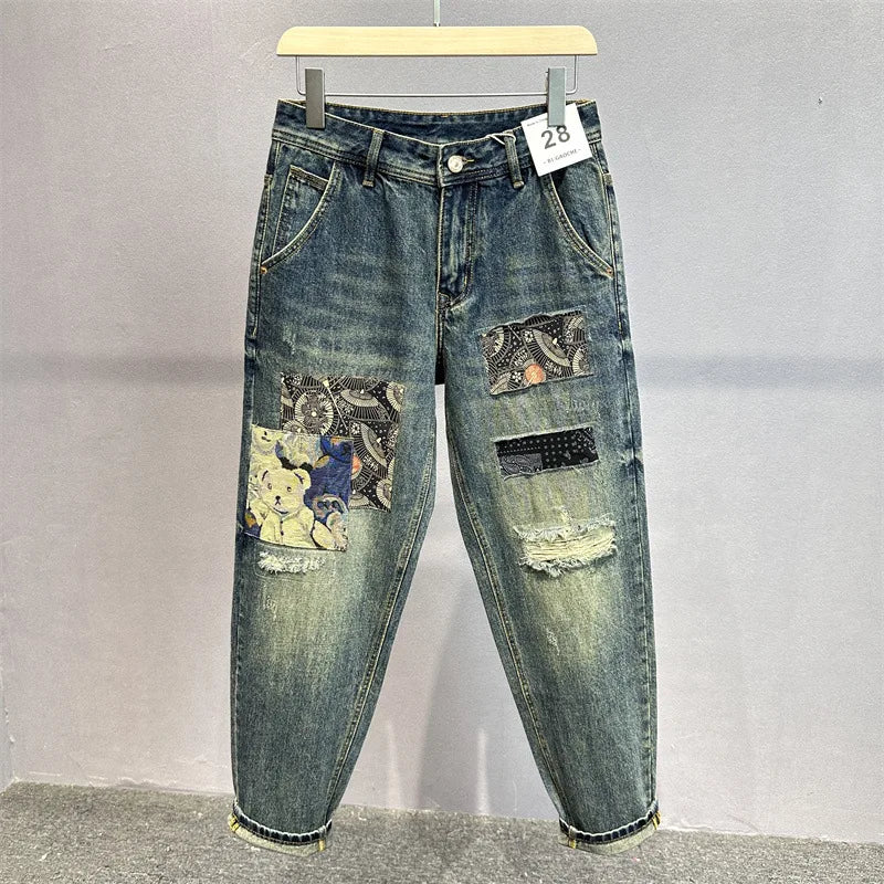 Heavy Duty Washed and Scraped Denim Jeans for Men, Stylish and Stylish, with High-end Embroidered Prints and Loose Tapered Strai