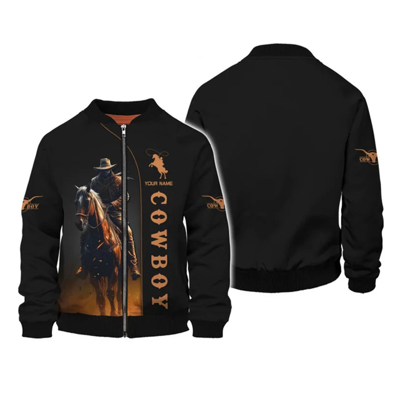 American West Cowboy Men Bomber Jacket Custom Name 3d Printed Jacket Men Clothes Autumn Winter Harajuku Zipper Coat Overszied