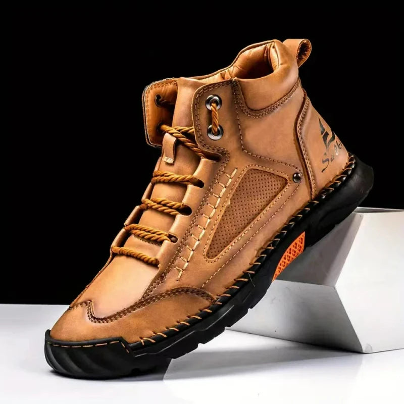 Men's Leather Ankle Boots Outdoor Casual Boots Vintage Soft Sneakers Flat Lace-up Boots Handmade Large Size Mens Shoes Botines