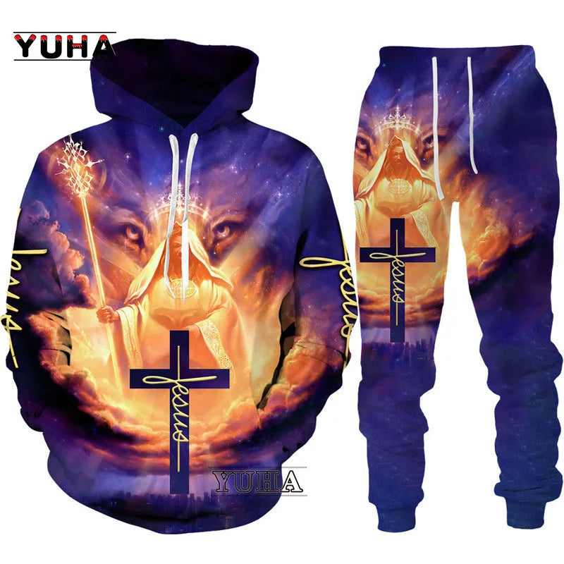 Two Piece Set Christian Bible Faith Jesus God Men's Hoodie/Suit Cool 3D Lion Printed Streetwear Couple Clothes Jogging Tracksuit