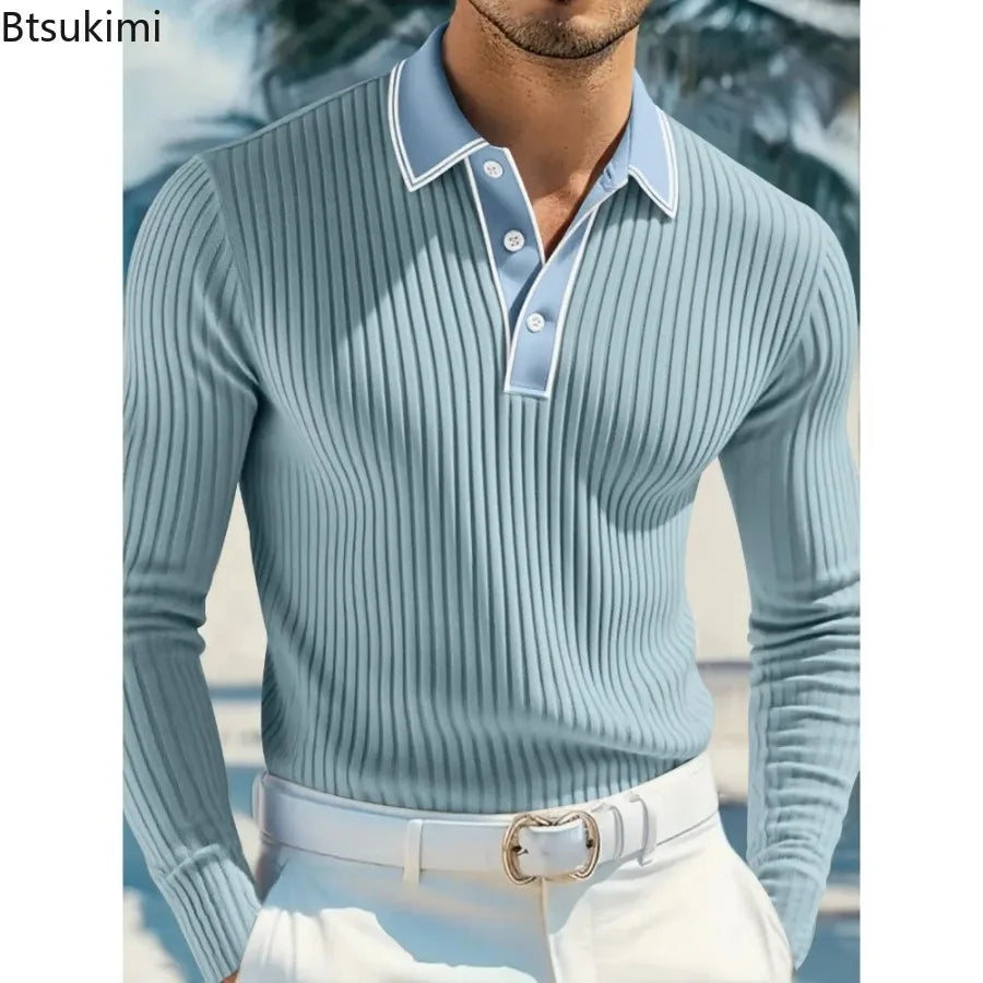 New Men's Long Sleeve Knitted Polo Shirt Classic Cotton Knit with Button Placket Business Casual & Golf Top Spring Autumn Shirts