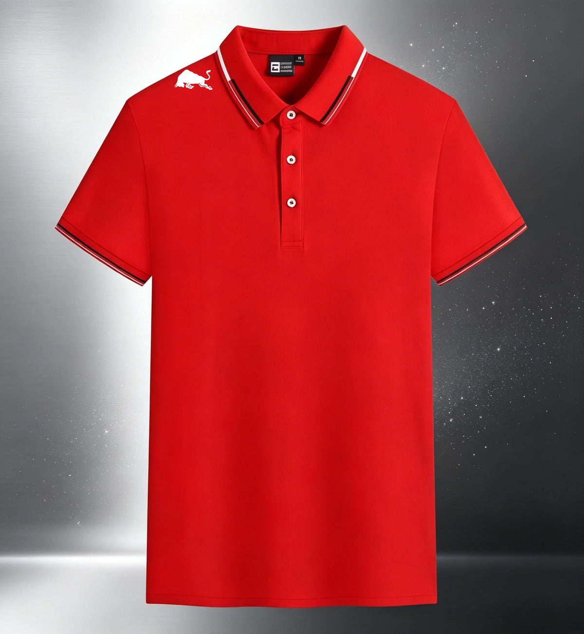 Men Black Polo Shirts Red White Striped Collar Cuff With Shoulder Bull Print Breathable Golf Tops